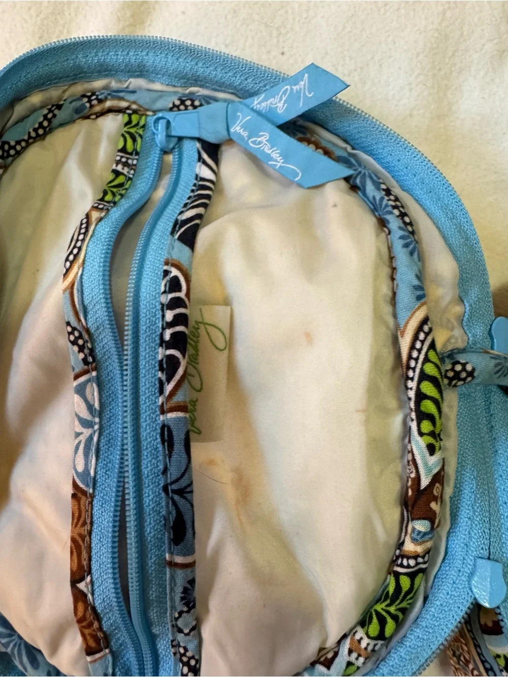 Vera Bradley Vintage Blue Floral Double Zip Cosmetic Travel Organizer Bag